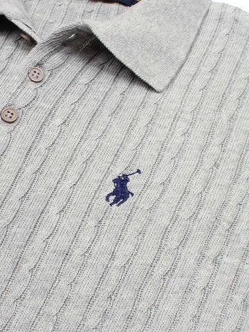 RL cable knit polo-heather grey