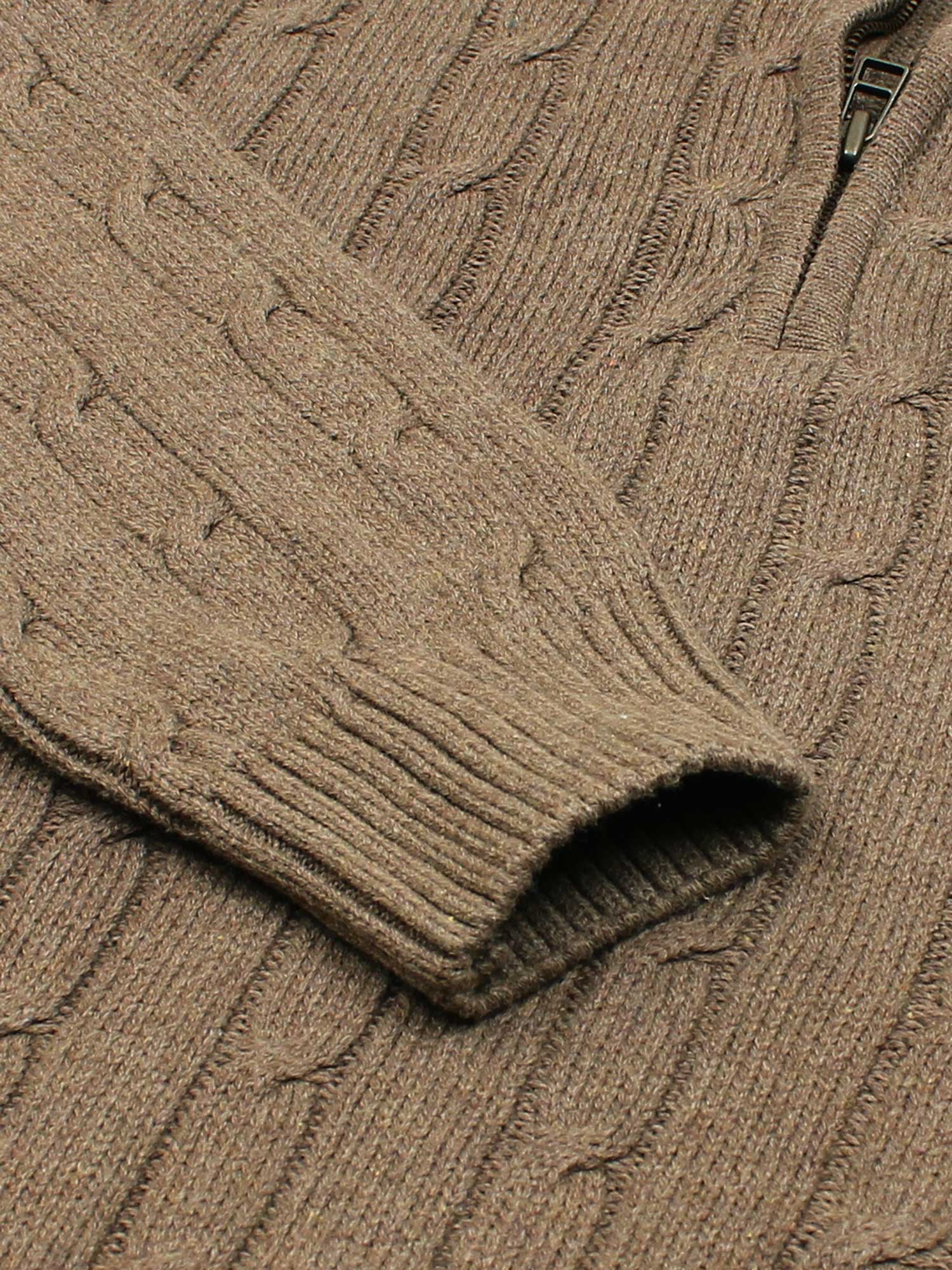 RL Cable-Knit Half Zipper Cotton Sweater (heather brown)