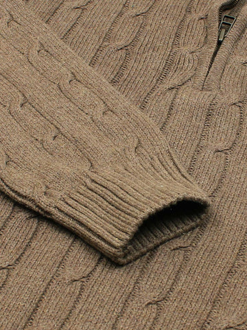 RL Cable-Knit Half Zipper Cotton Sweater (heather brown)
