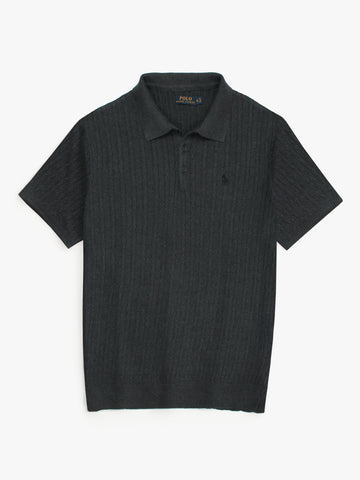 RL cable knit polo-charcoal grey