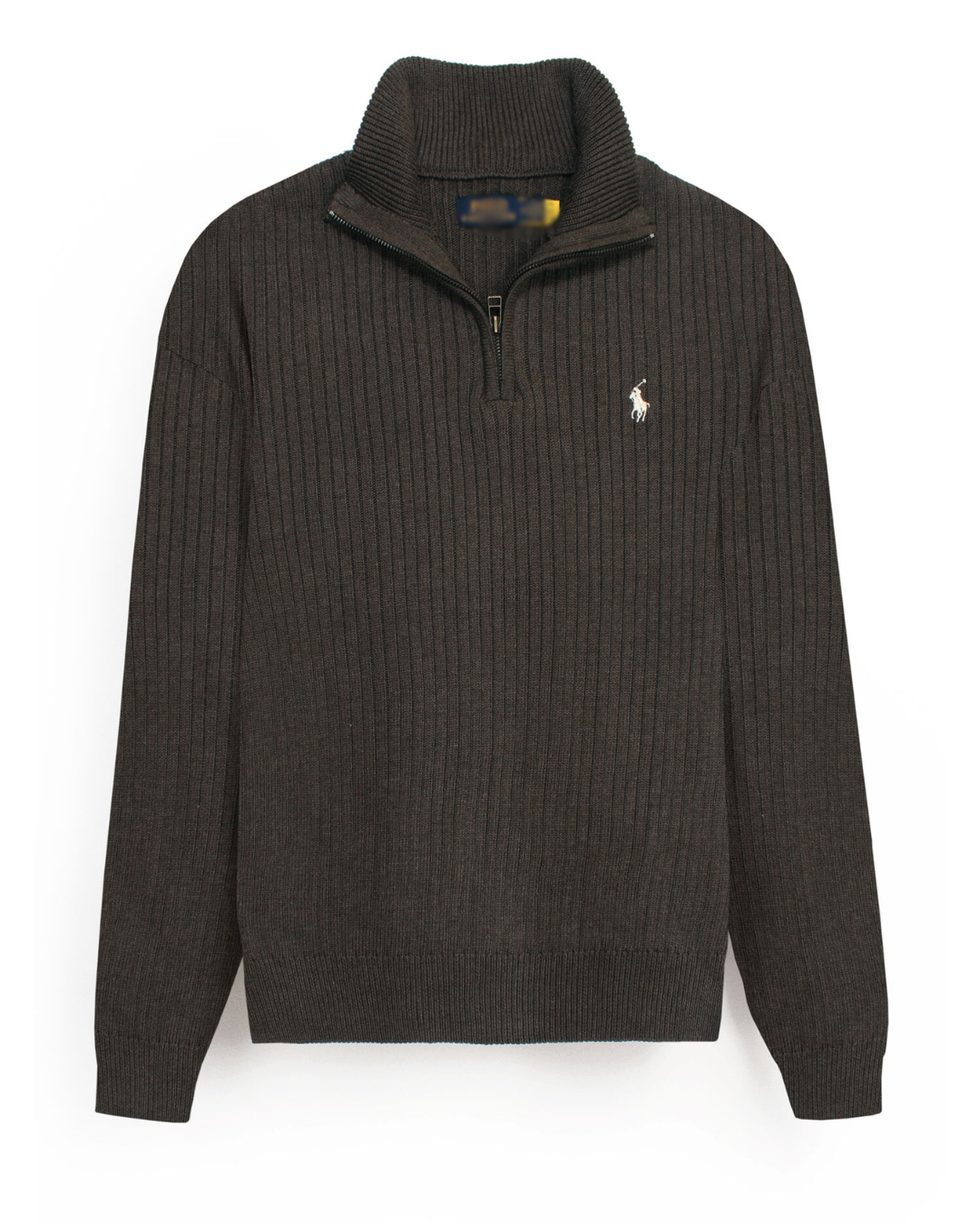 RL Rib Knit Half Zipper Cotton Sweater (dark brown) white pony