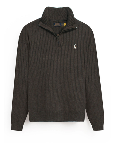 RL Rib Knit Half Zipper Cotton Sweater (dark brown) white pony
