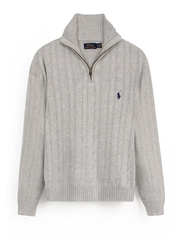 RL Cable-Knit Half Zipper Cotton Sweater (heather grey)