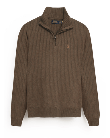 Brandahub sweaters RL Rib Knit Half Zipper Cotton Sweater (camel brown) brown pony