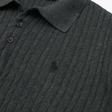RL cable knit polo-charcoal grey