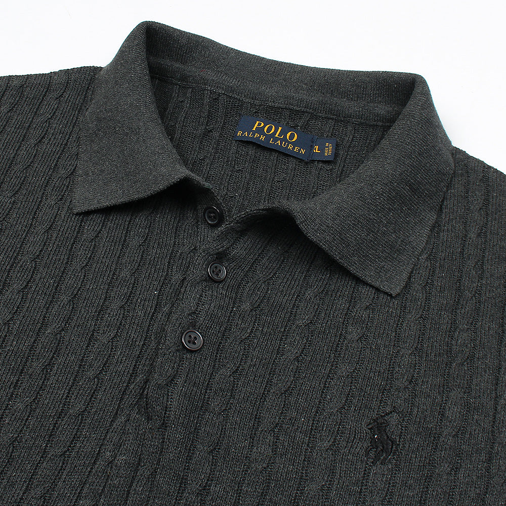 RL cable knit polo-charcoal grey