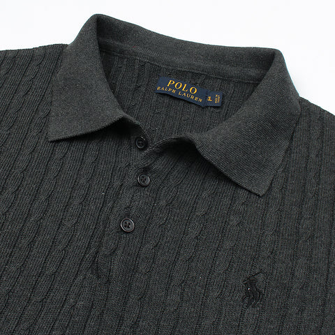 RL cable knit polo-charcoal grey