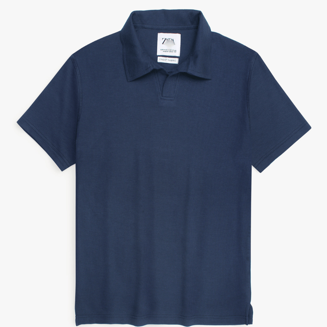 Brandahub polo shirts Premium Zr Waffle knit johnny collar polo-(navy blue)