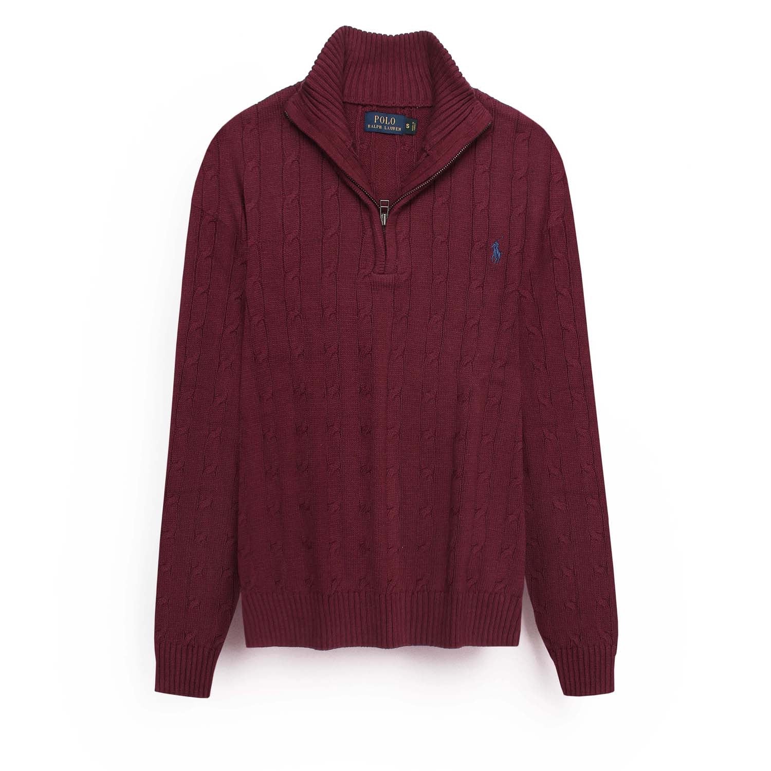 RL Cable-Knit Half Zipper Cotton Sweater (maroon)