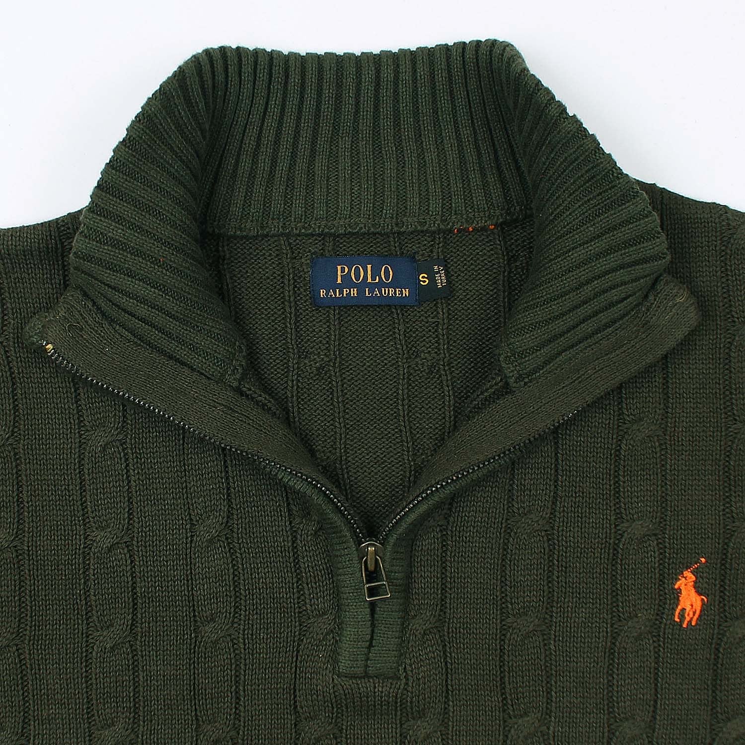 RL Cable-Knit Half Zipper Cotton Sweater (olive green)