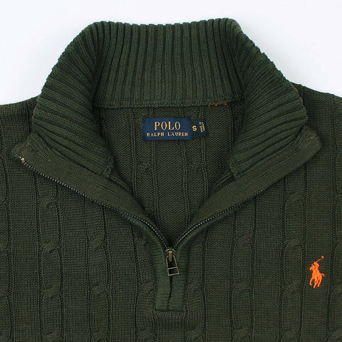 RL Cable-Knit Half Zipper Cotton Sweater (olive green)