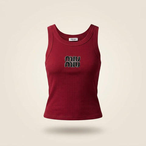 brandahub Black Crystal / Free Size Mimi Premium Ribbed Tank Top - Maroon | Crystal Logo Wide Crew Neck (Copy)