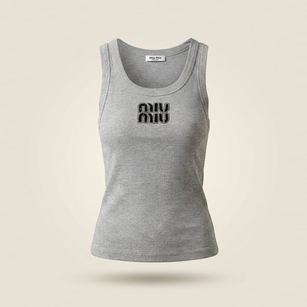 brandahub Black Crystal / Free Size Mimi Premium Ribbed Tank Top - Heather Grey | Crystal Logo Wide Crew Neck