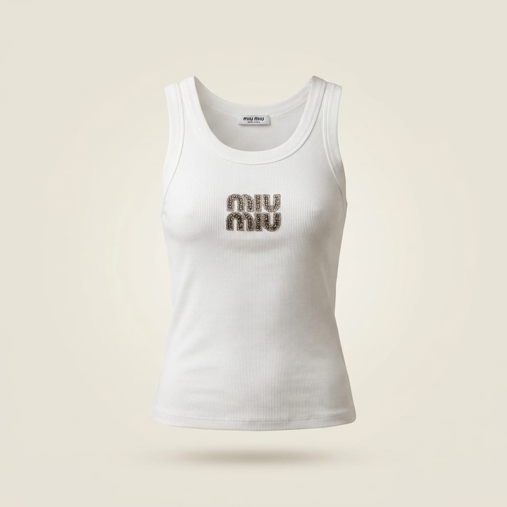 brandahub Brown Crystal / Free Size Mimi Premium Ribbed Tank Top -White | Crystal Logo