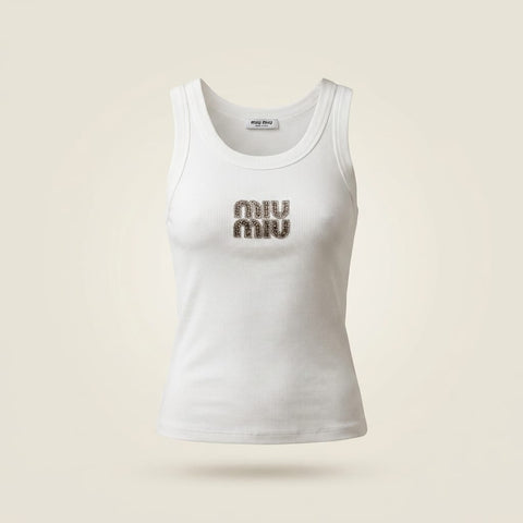 brandahub Brown Crystal / Free Size Mimi Premium Ribbed Tank Top -White | Crystal Logo