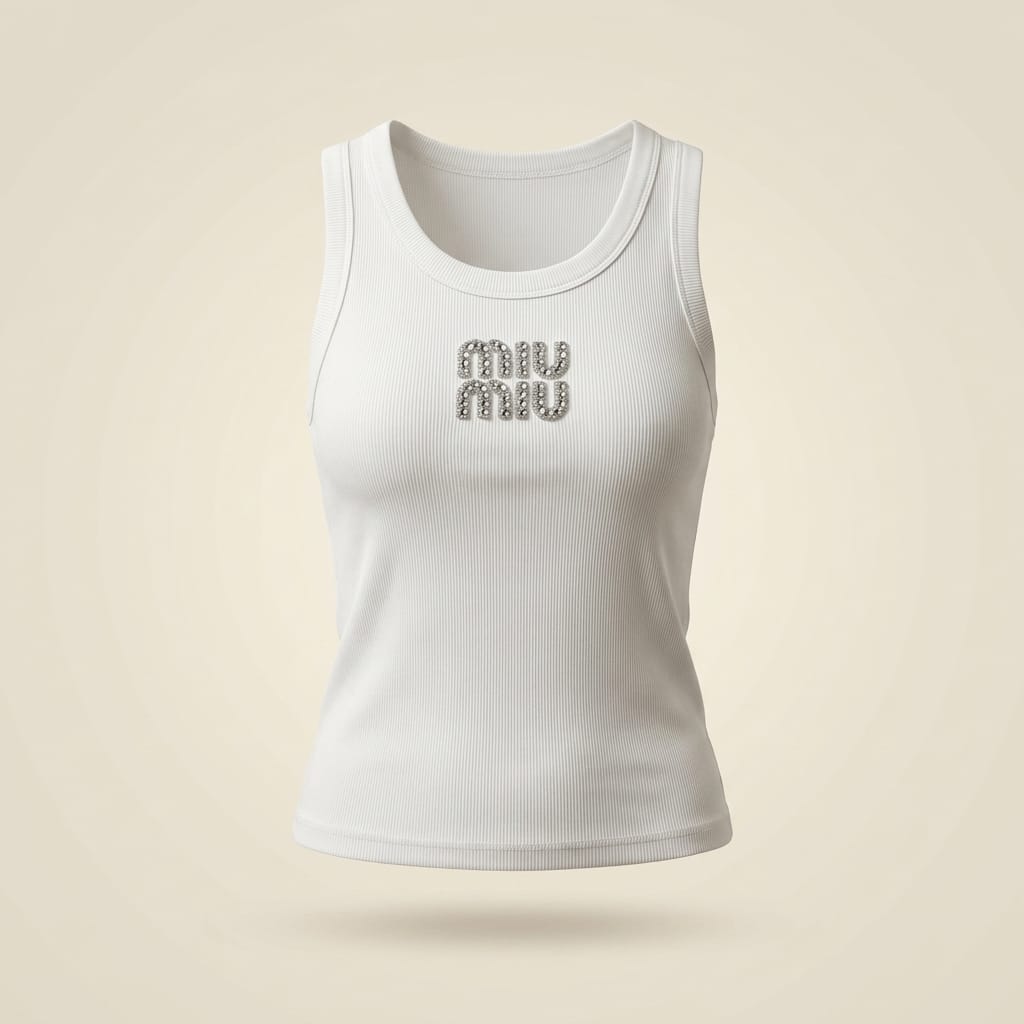 brandahub Silver Crystal / Free Size Mimi Premium Ribbed Tank Top - White | Crystal Logo Wide Crew Neck