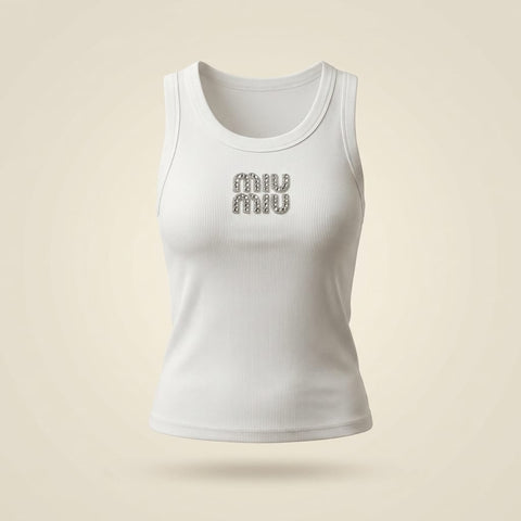 brandahub Silver Crystal / Free Size Mimi Premium Ribbed Tank Top -White | Crystal Logo