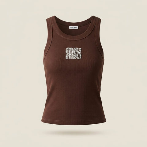 brandahub Silver Crystal / Free Size Mimi Premium Ribbed Tank Top - Brown | Crystal Logo Wide Crew Neck