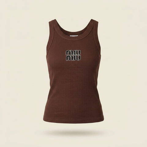 brandahub Black Crystal / Free Size Mimi Premium Ribbed Tank Top - Brown | Crystal Logo