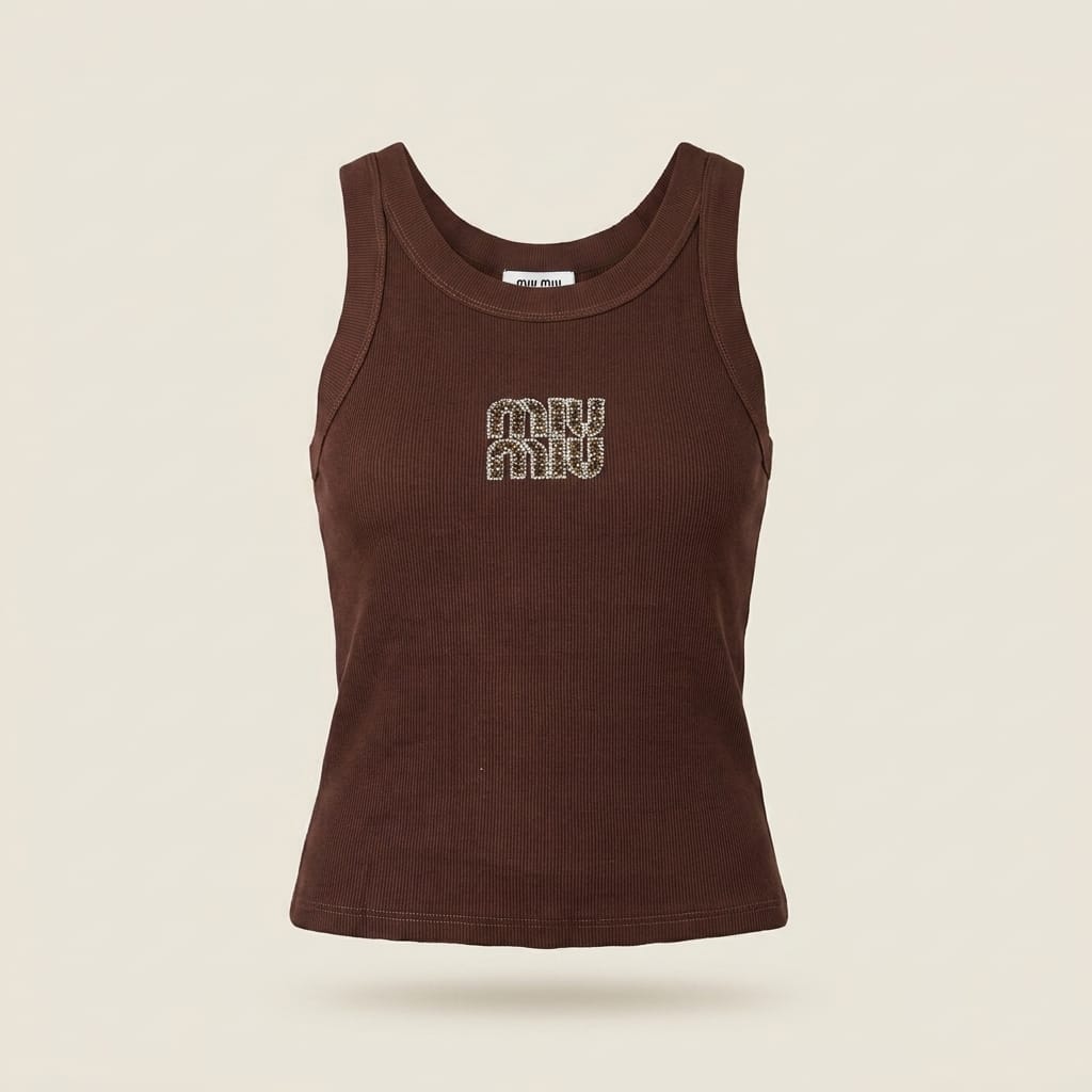 brandahub Brown Crystal / Free Size Mimi Premium Ribbed Tank Top - Brown | Crystal Logo Wide Crew Neck