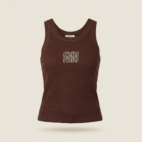 brandahub Brown Crystal / Free Size Mimi Premium Ribbed Tank Top - Brown | Crystal Logo