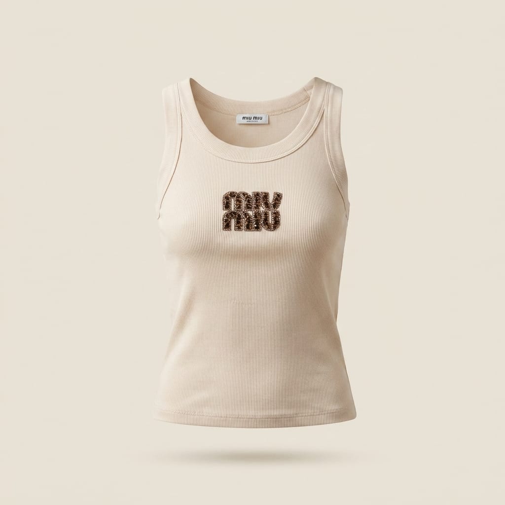 brandahub Brown Crystal Mimi Premium Ribbed Tank Top -Beige | Crystal Logo (Copy)
