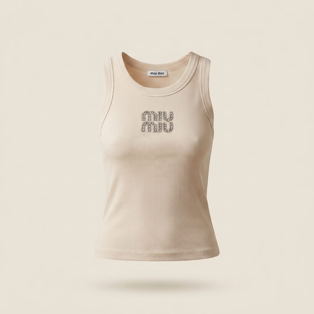 brandahub Silver Crystal Mimi Premium Ribbed Tank Top -Beige | Crystal Logo (Copy)
