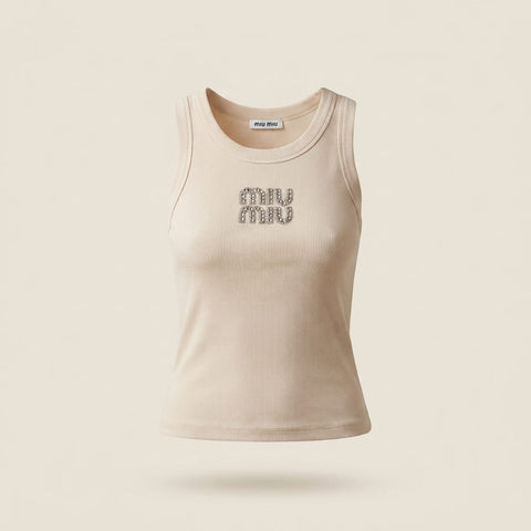 brandahub Silver Crystal Mimi Premium Ribbed Tank Top -Beige | Crystal Logo (Copy)
