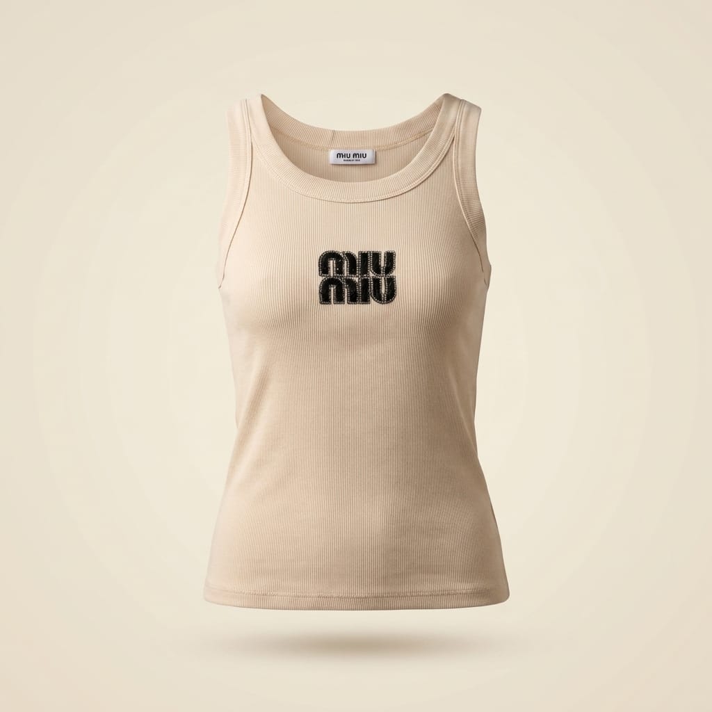 brandahub Black Crystal Mimi Premium Ribbed Tank Top -Beige | Crystal Logo (Copy)