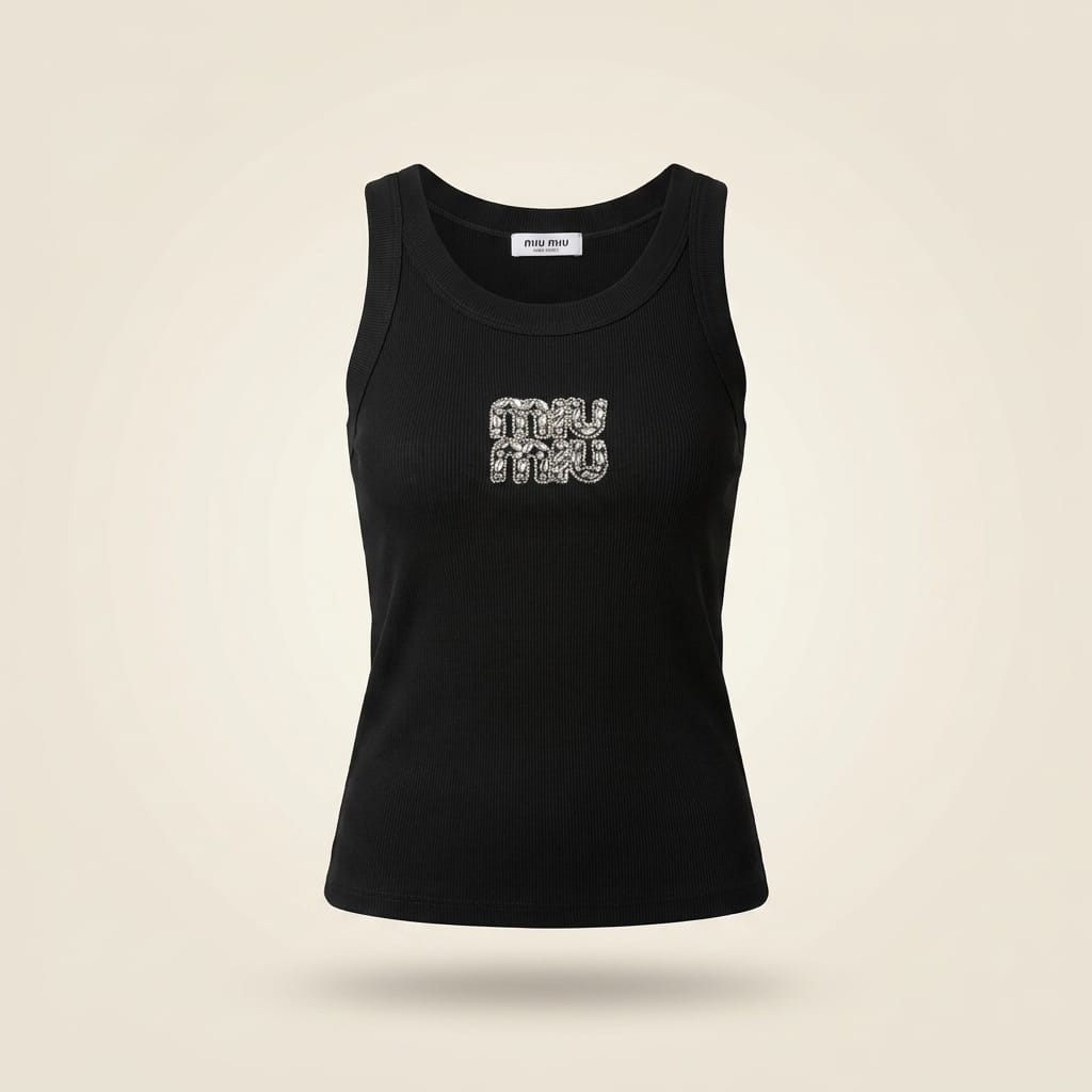 brandahub Silver Crystal Mimi Premium Ribbed Tank Top -Black | Crystal Logo