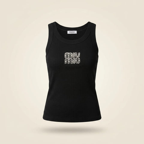brandahub Silver Crystal / Free Size Mimi Premium Ribbed Tank Top - Black | Crystal Logo Wide Crew Neck