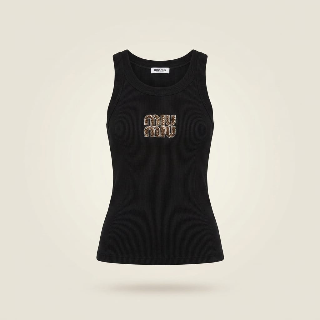 brandahub Brown Crystal Mimi Premium Ribbed Tank Top -Black | Crystal Logo