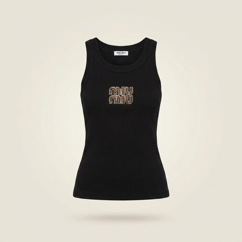 brandahub Brown Crystal Mimi Premium Ribbed Tank Top -Black | Crystal Logo