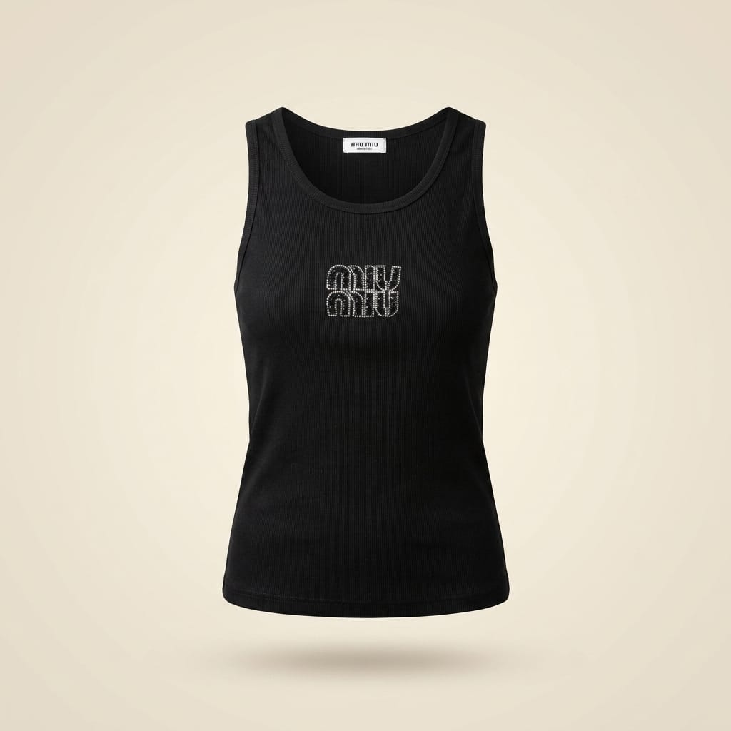 brandahub Black Crystal Mimi Premium Ribbed Tank Top -Black | Crystal Logo