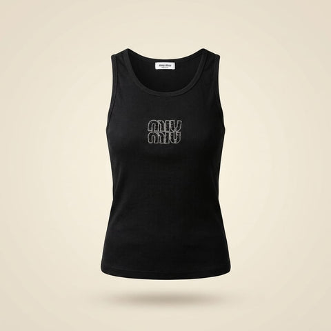 brandahub Black Crystal Mimi Premium Ribbed Tank Top -Black | Crystal Logo