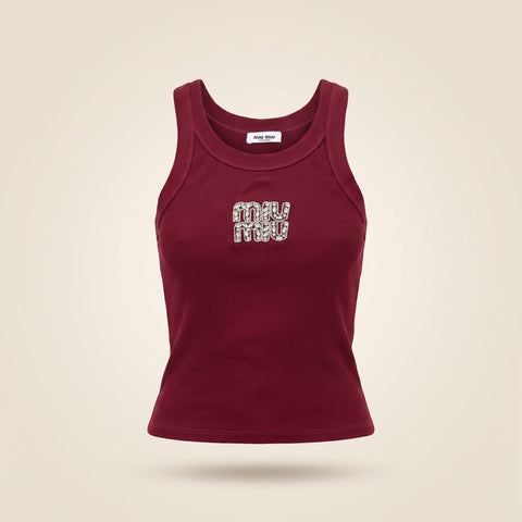 brandahub Silver Crystal / Free Size Mimi Premium Ribbed Tank Top - Maroon | Crystal Logo Wide Crew Neck (Copy)